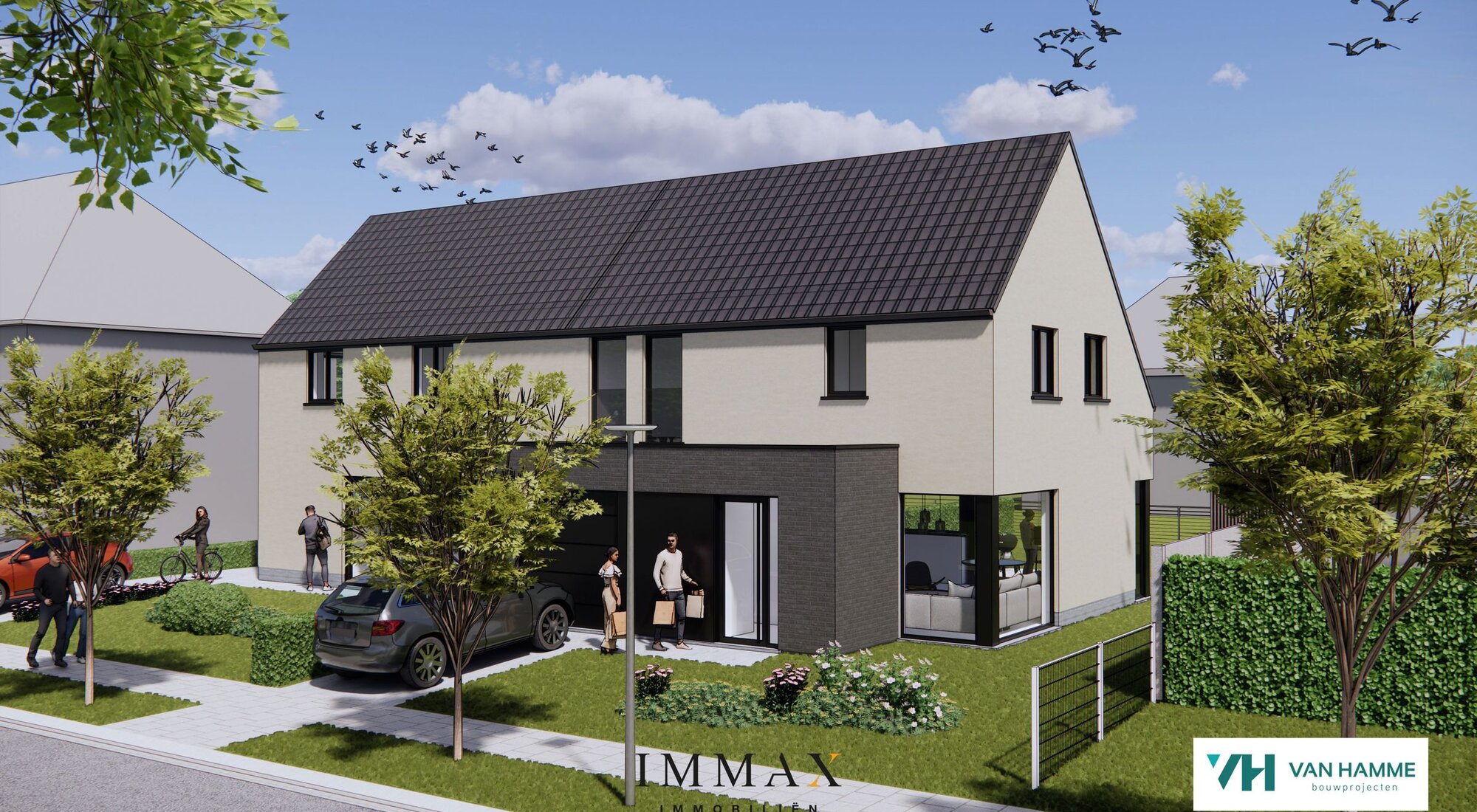 Maison neuve semi-ouverte avec garage et jardin ensoleillé